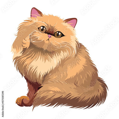 Sitting Fluffy Orange Persian Cat with Whiskers