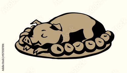 Vector drawing. Tasty pig on the plate
