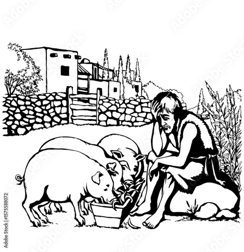 Vector drawing. A sad man and pigs