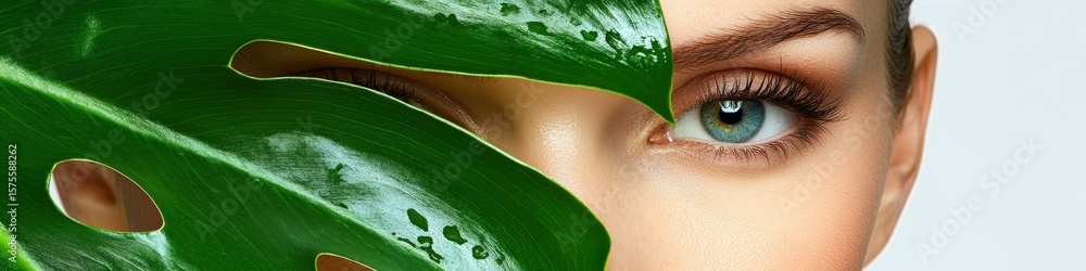 Obraz premium Closeup of an Elegant Woman s Serene Face Surrounded by Monstera Leaves, Capturing Natural Beauty