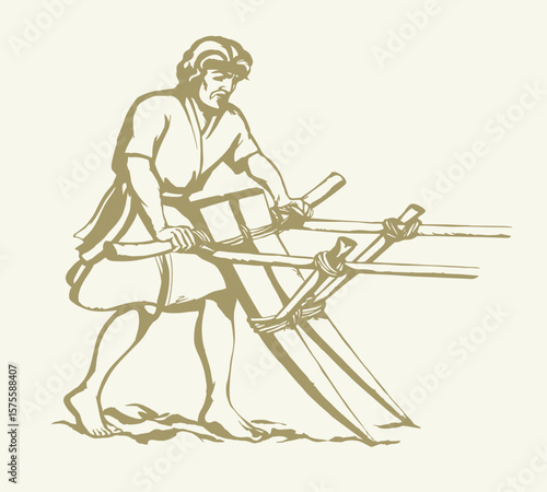 Vector drawing. Man with old wooden plow