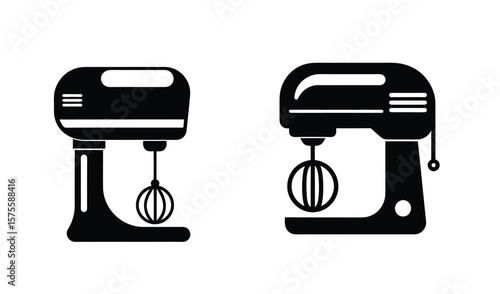 Two black silhouette icons of electric hand mixers with beaters on a white background