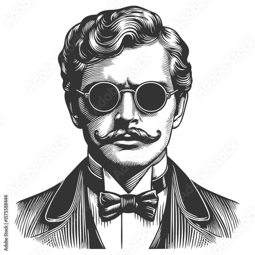 serious man wearing round sunglasses, a curled mustache, bow tie, and formal vintage attire sketch engraving generative ai vector illustration. Scratch board imitation. Black and white image.