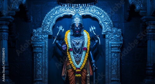 Shani Dev Idol Lit with Blue Hue in Mystical Temple Setting