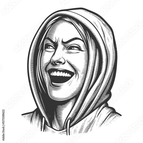 cheerful woman in a hoodie, laughing with an expressive and joyful face sketch engraving generative ai fictional character vector illustration. Scratch board imitation. Black and white image.