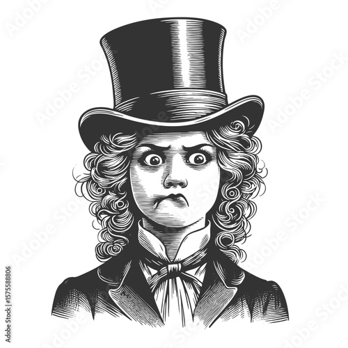curly-haired woman wearing a top hat and suit, making a confused and bewildered facial expression sketch engraving generative ai fictional character vector illustration. Scratch board. Black and white
