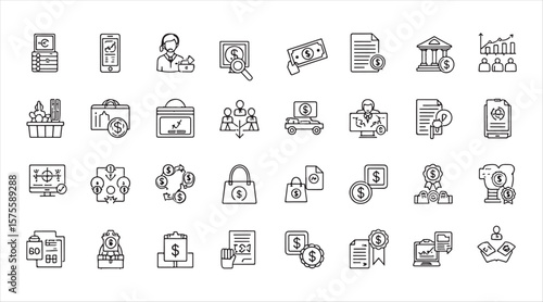 icon set featuring symbols like currency, wallets, charts, and payment methods.