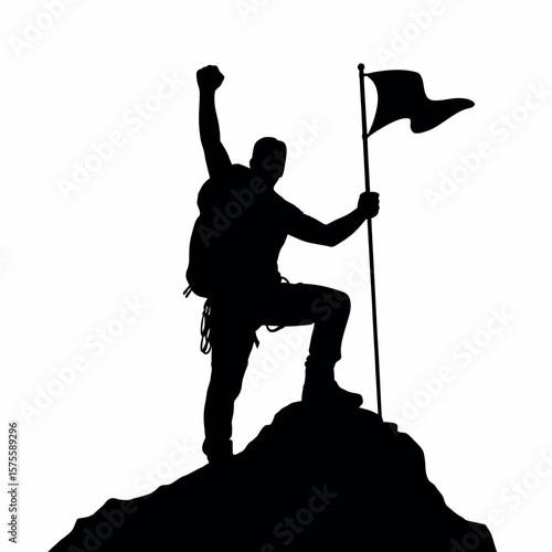 Silhouette of a triumphant hiker with backpack reaching the summit and planting a flag celebrating victory and achievement isolated on white background