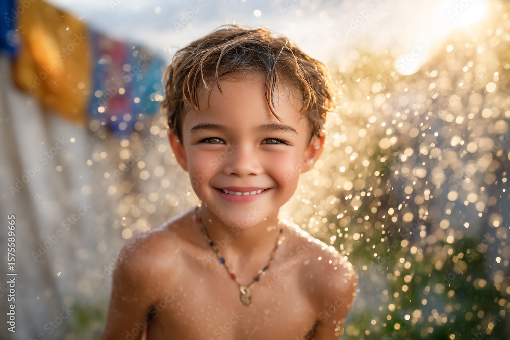 Obraz premium Boy smiling and looking at camera while enjoying playful water splash. Bright sunlight enhances joyful atmosphere in backyard setting. Concept of childhood fun, summer activities, family bonding