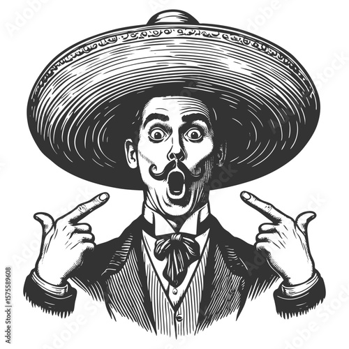 man in a large sombrero, dramatically pointing at his curled mustache with intensity sketch engraving generative ai fictional character vector illustration. Scratch board imitation. Black and white.