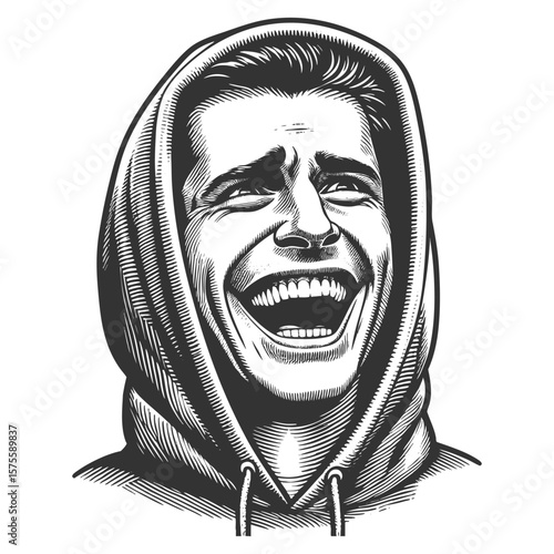 cheerful young man wearing a hoodie, smiling widely with joyful energy and expressive eyes sketch engraving generative ai fictional character vector illustration. Scratch board. Black and white image.