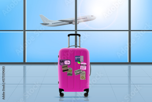 Airport interior with aircraft in the window. 3d vector illustration