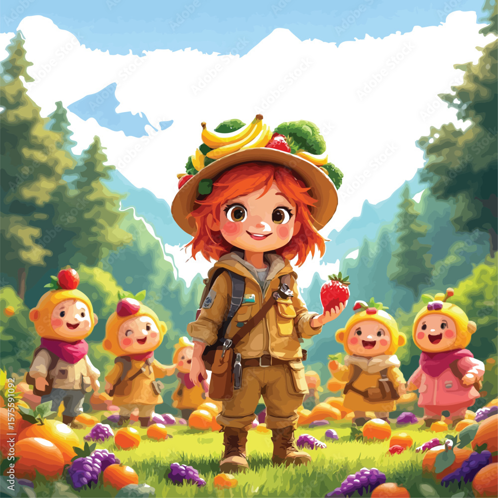 Fototapeta premium Fruit Explorer and Forest Friends – Vector Illustration of Characters in Nature with Harvest Hats, Pumpkins, Strawberries, and Grapes