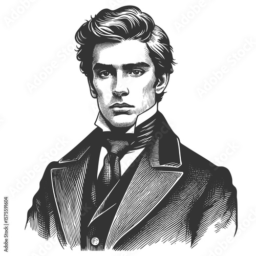 handsome young man with styled hair and formal attire, wearing a serious and focused expression sketch engraving generative ai fictional character vector illustration. Scratch board. Black and white.