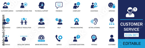 Customer service icon set. Featuring satisfied clients, assistance tools, user experience, feedback management, operator helpdesk, and technical support. Professional solid vector icon collection.