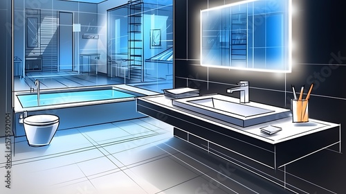 Modern bathroom rendering on tablet set on top of architectural blueprints on a matte black desk, mechanical pencil with eraser tip and sleek drawing compass aligned parallel .