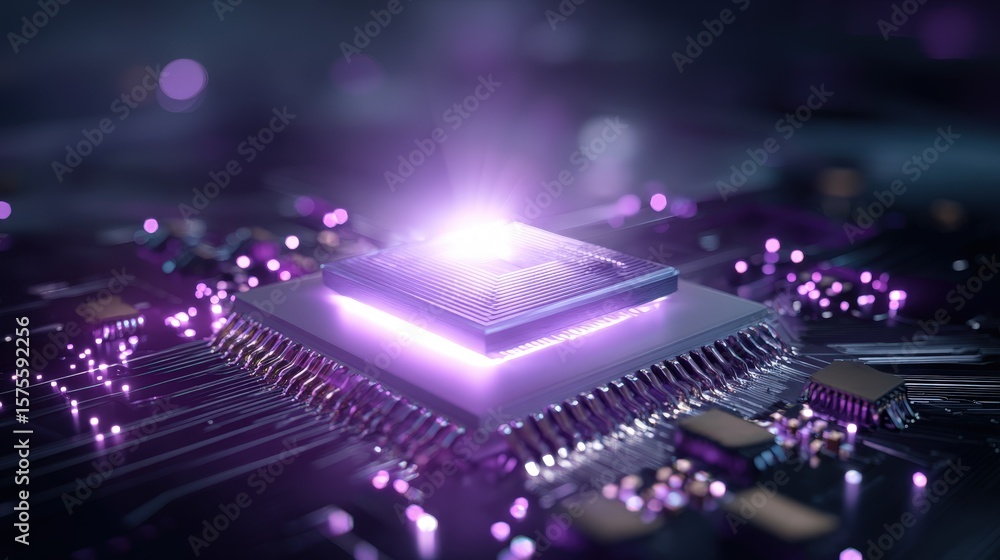 Fototapeta premium Glowing Purple Microchip on Circuit Board