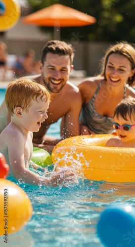Family enjoying summer fun in outdoor pool with inflatable toys