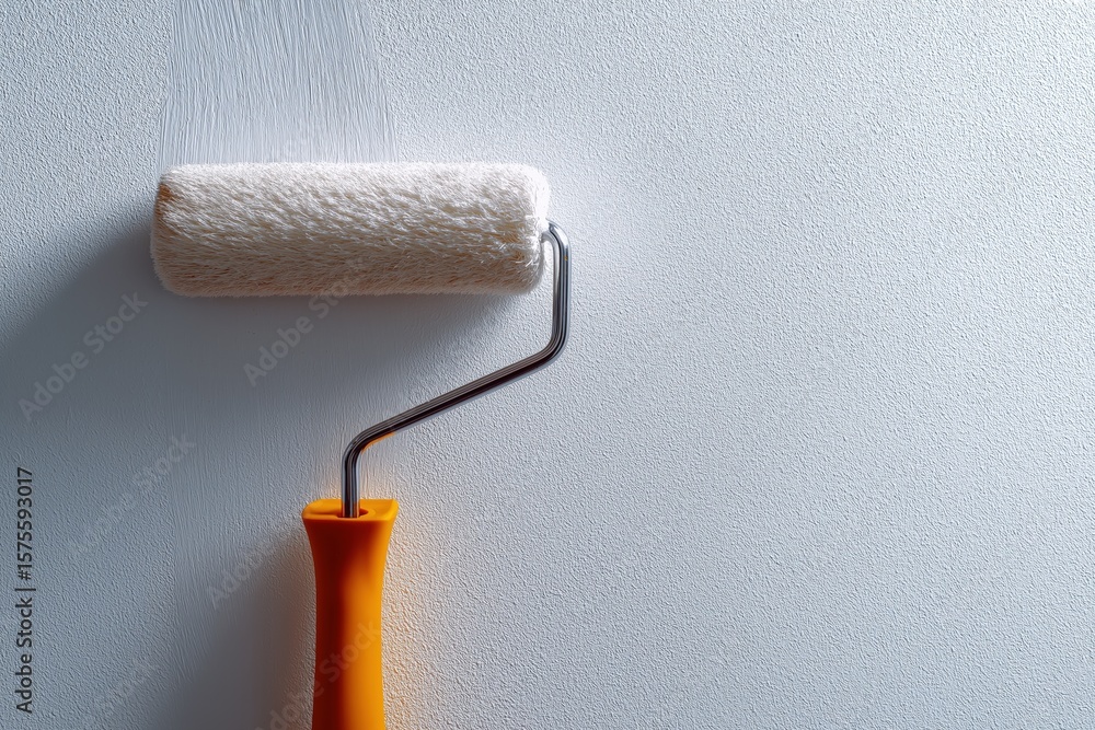 Obraz premium Orange handle paint roller on white wall surface: diy home improvement