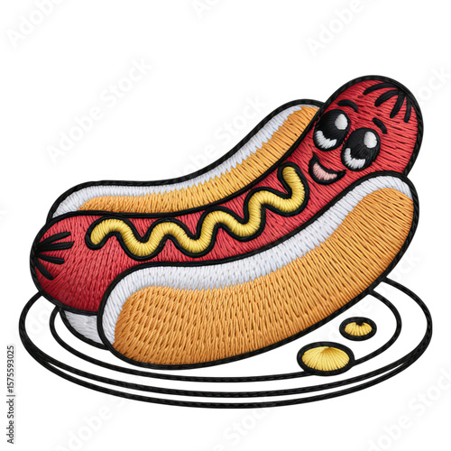 Cheerful embroidered hot dog with mustard on plate