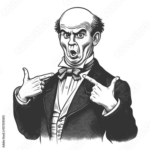 bald man in formal attire, dramatically pointing at himself with an astonished expression sketch engraving generative ai fictional character vector illustration. Scratch board. Black and white image.