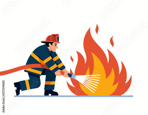 Firefighter in uniform extinguishing a fire with a hose, spraying water on the flames.