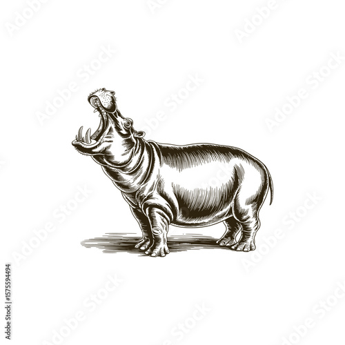 Vintage engraving woodcut hippopotamus vector illustration art design