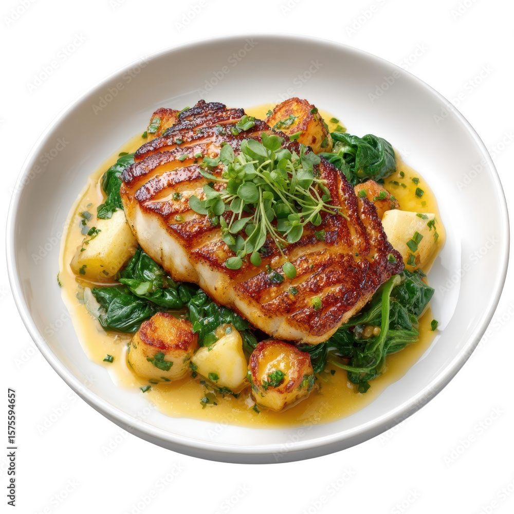 Grilled Golden Dory Fillet Served with Caper Brown Butter Sauce and Braised Baby Spinach with Potato Dauphine Grilled Golden Dory Fillet Served with Caper Brown Butter Sauce and Braised Baby Spinach with Potato Dauphine
