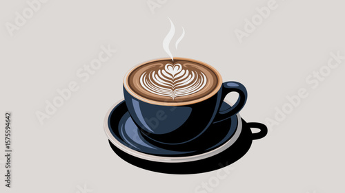A steaming cup of latte art coffee sits on a dark blue saucer.