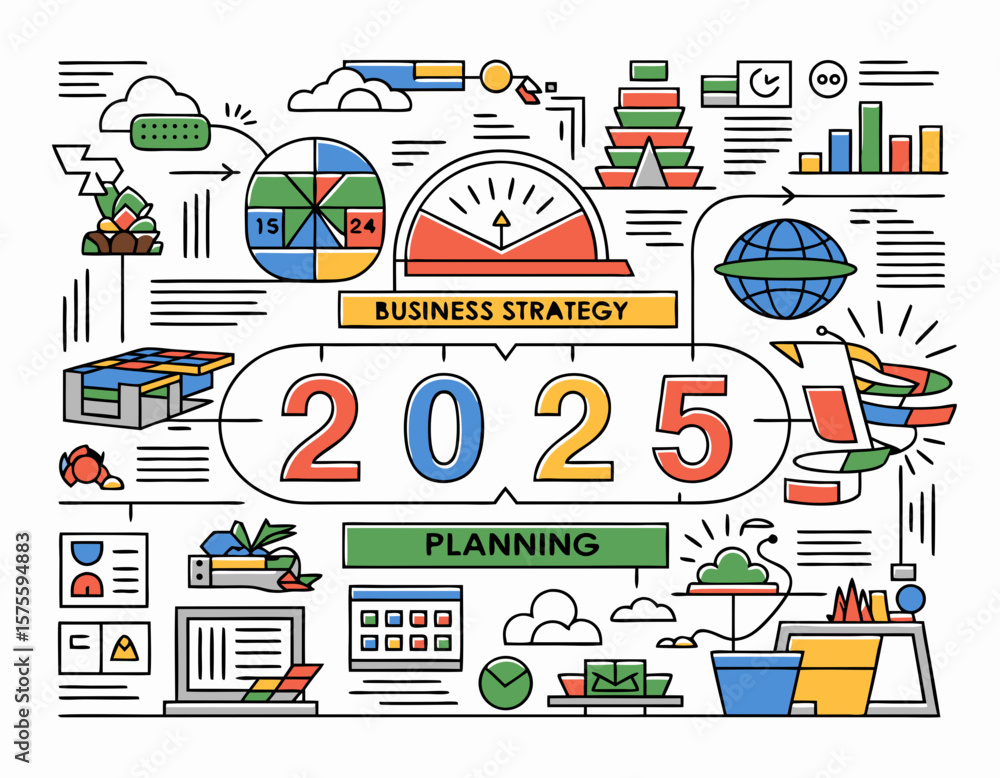 Fototapeta premium 2025 Business Strategy Planning: A colorful infographic illustrating key elements of strategic planning for the year 2025.