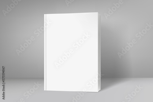 Vertical white book with blank cover. 3d vector mockup for product design