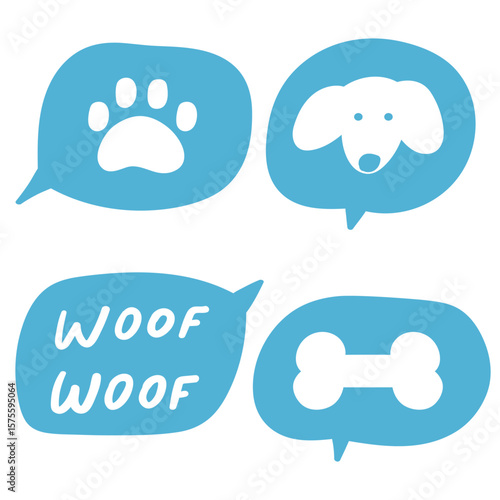 Collection of speech bubbles. Dog paw, Woof, Dog face, Bone. Flat vector illustrations. Isolated icons. Simple design on white background.