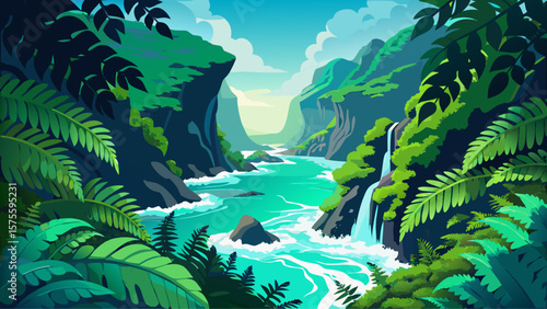 Tsitsikamma Forest, South Africa – Fern-filled gorge opens to crashing waves. Coastal forest meets ocean in green-blue contrast.
