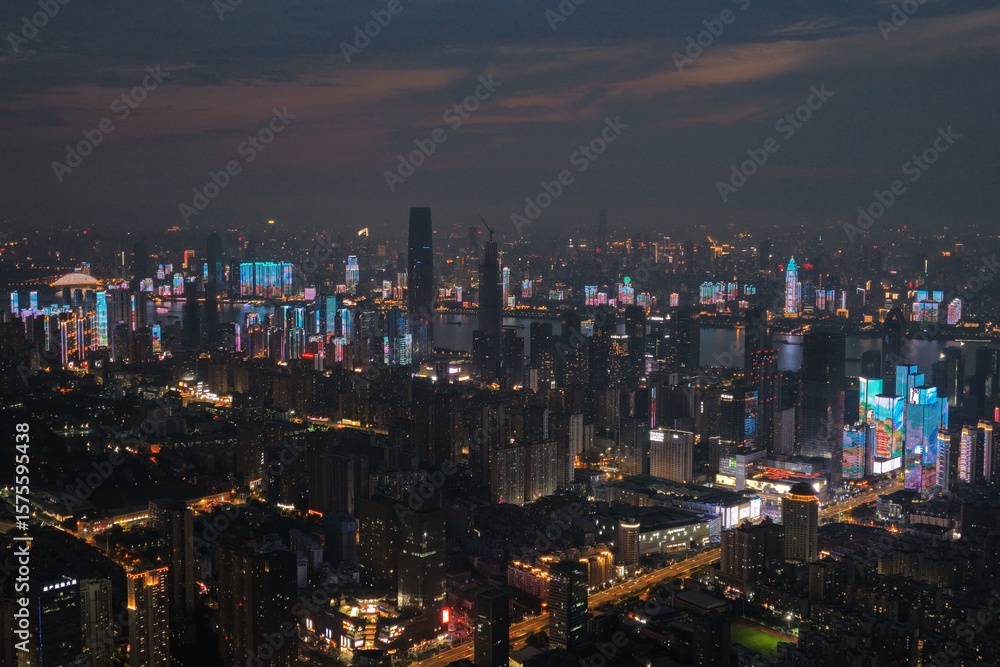 Obraz premium Night aerial view of Wuhan city, China