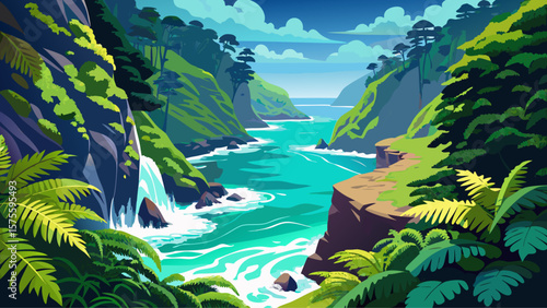 Tsitsikamma Forest, South Africa – Fern-filled gorge opens to crashing waves. Coastal forest meets ocean in green-blue contrast.