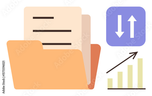 Open file folder with sheets, arrow icons for data transfer, and upward graph bar. Ideal for organization, data management, analytics, growth, digital storage, file transfer simple flat metaphor