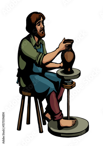 Vector drawing. Potter makes a jug