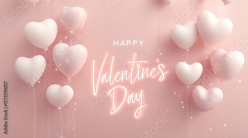 Soft pink heart balloons and neon happy valentine s day greeting