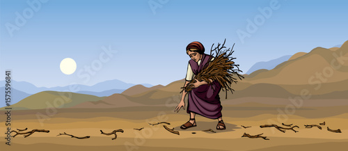 Vector drawing. Woman collecting firewood