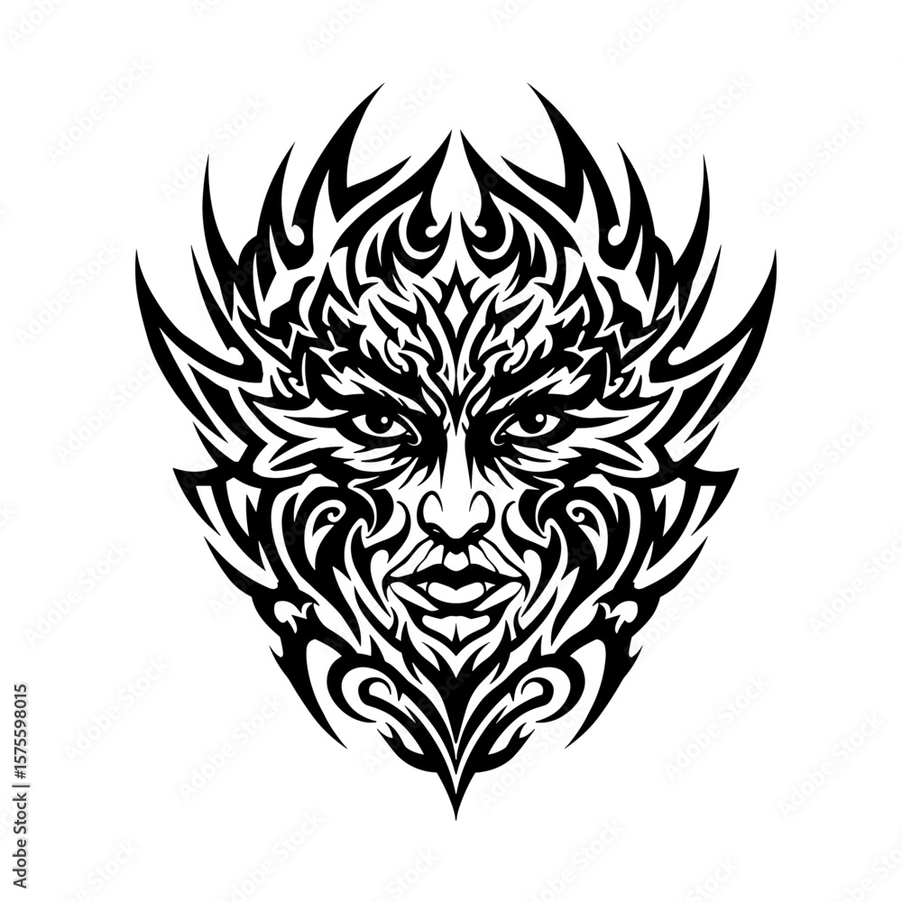 Fototapeta premium Face intertwined with floral elements in bold tribal design, intricate sharp flowing black lines and interconnected patterns on white background, symbolic and artistic illustration