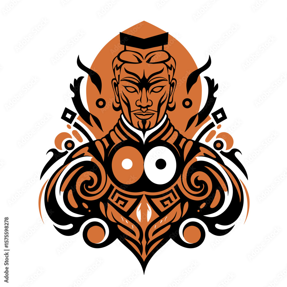 Fototapeta premium Terracotta Warrior abstract vector illustration with flowing yin-yang shapes, symmetrical tribal layout, limited black, white, and terracotta orange palette, clean design