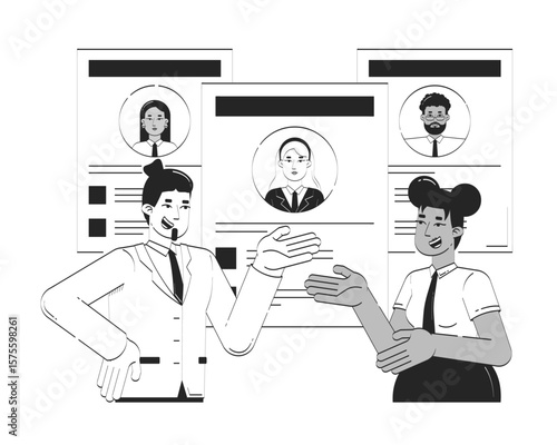 HR managers discussing resumes doodle line illustration concept. Corporate careers. Hiring conversation with CVs candidate profiles 2D outline characters isolated. Hand drawn ink metaphor monochrome