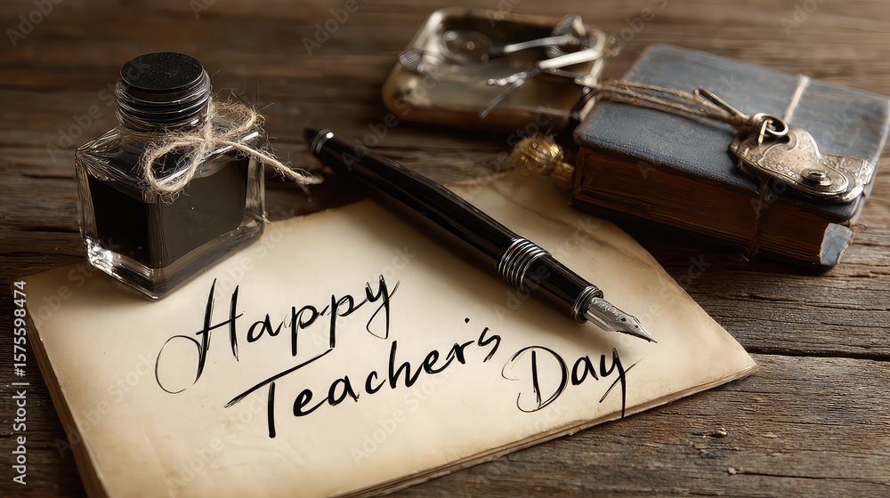 Fototapeta premium Vintage fountain pen and ink bottle conveying happy teacher s day message