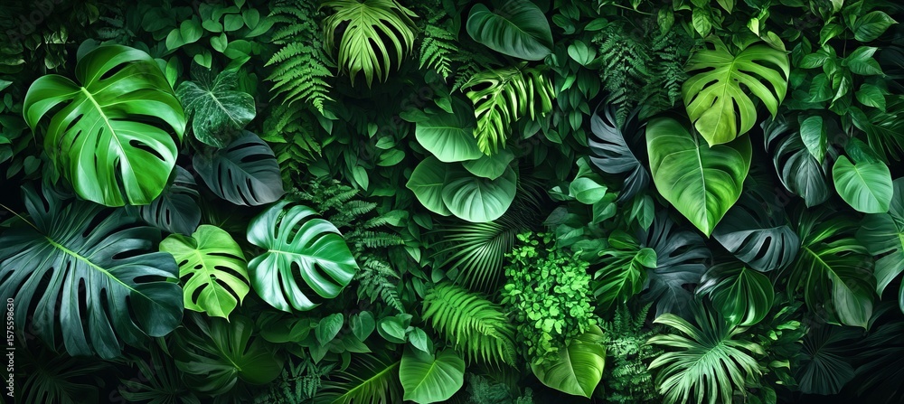Fototapeta premium Lush Green Tropical Jungle Background with Abundant Frond Plant Leaves and Scenic Foliage Details