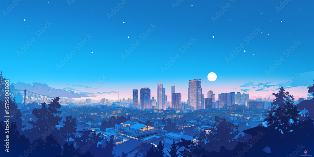 Obraz premium 80年代90年代レトロポップな世界観に包まれた高層ビルの夜景イラスト シティポップ風の都会の光 懐かしくも新しい幻想的な都市風景 ネオン 夜 音楽に似合う景色素材