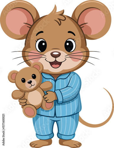 A cute cartoon mouse in pajamas holding a teddy bear Transparent vector png