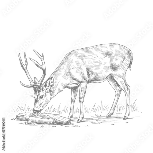 A detailed pencil sketch of a majestic deer standing gracefully in a grassy field. The deer's antlers are prominent, and the surrounding grass adds to the natural wildlife setting.
