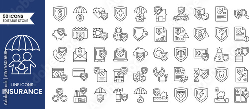 Insurance and risk protection line editable icon set. Contain icons related to Insurance, protection, care, safety, assurance, and more and more. Vector illustration
