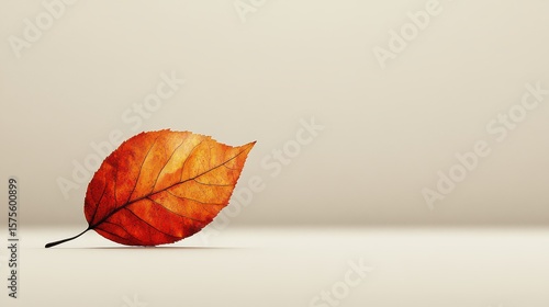 Single autumn with leaf on neutral background copy space.