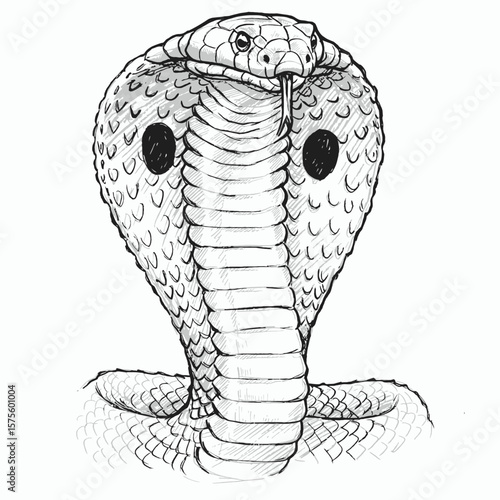 A majestic cobra with detailed scales raising its head prominently. The sketch captures the texture and pattern of the scales, showcasing a realistic wildlife illustration